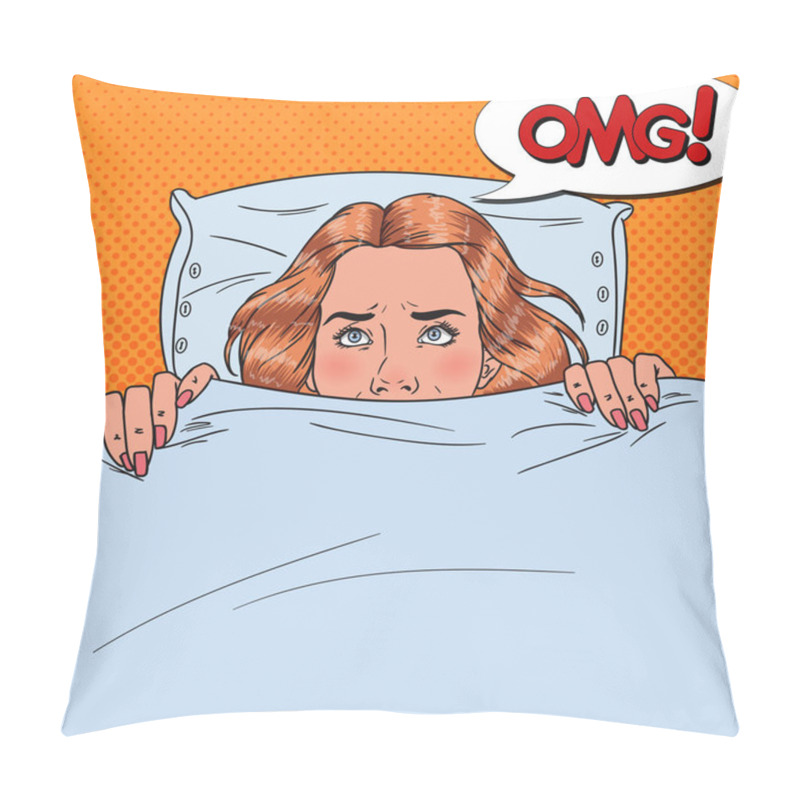 Personality  Pop Art Scared Young Woman Hiding In Bed. Afraid Girl Peeps Up Under The Blanket Pillow Covers