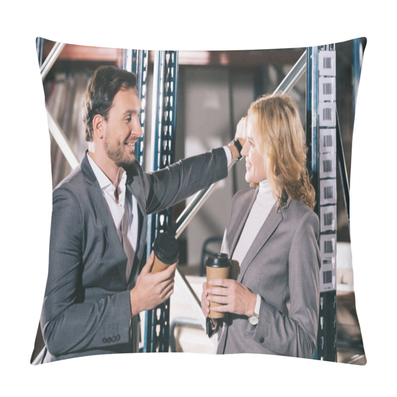 Personality  Two Smiling Businesspeople Talking In Warehouse While Holding Disposable Cups Pillow Covers