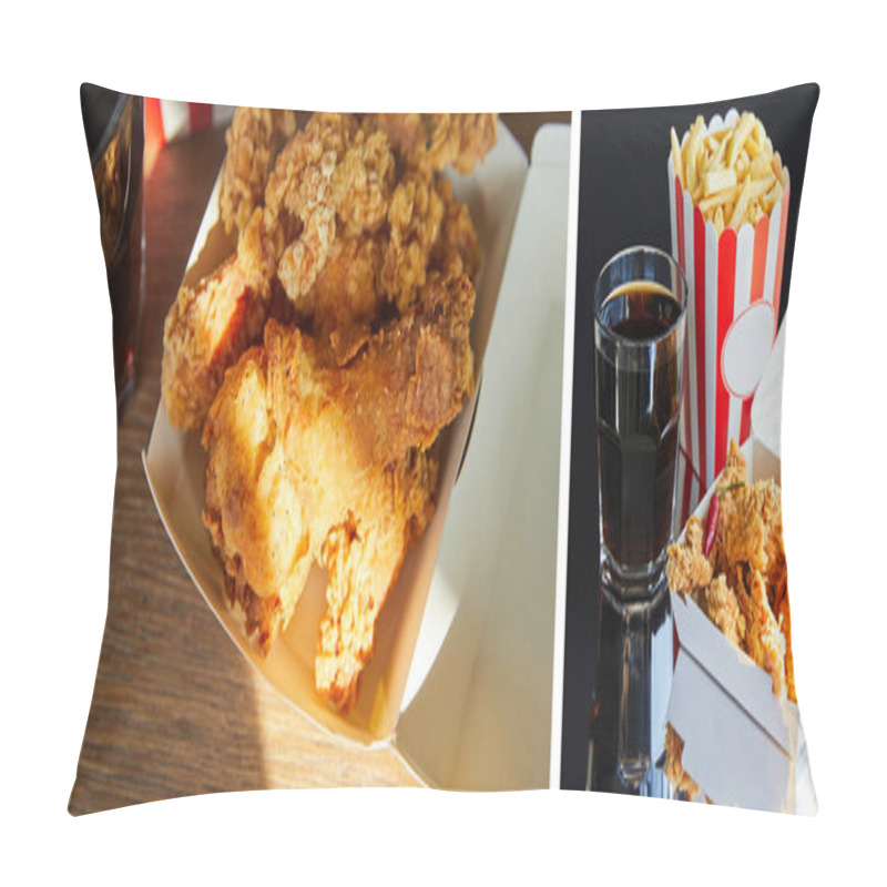 Personality  Collage Of Deep Fried Chicken, French Fries And Soda In Glass On Wooden Table In Sunlight Pillow Covers