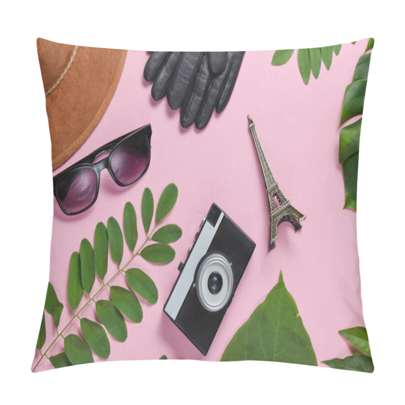 Personality  Jorney To Paris. Women's Accessories, Retro Camera, Figurine Of The Eiffel Tower On Pink Pastel Background With Green Leaves. Top View Pillow Covers