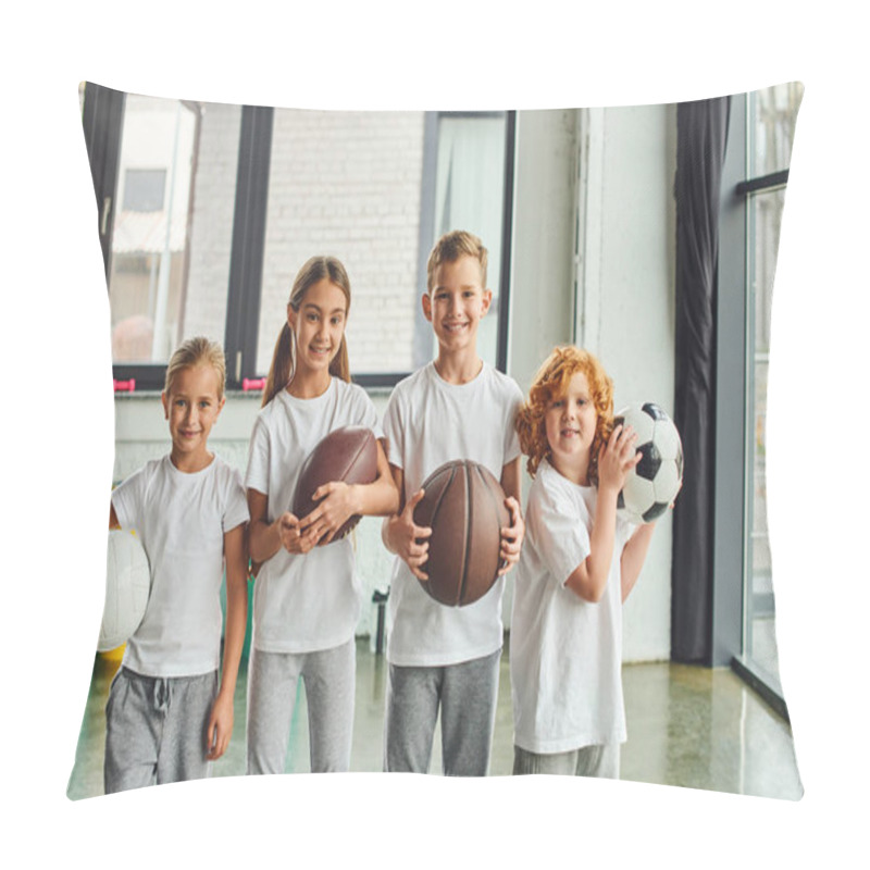 Personality  Cheerful Little Children Holding Different Kinds Of Balls And Smiling At Camera, Child Sport Pillow Covers