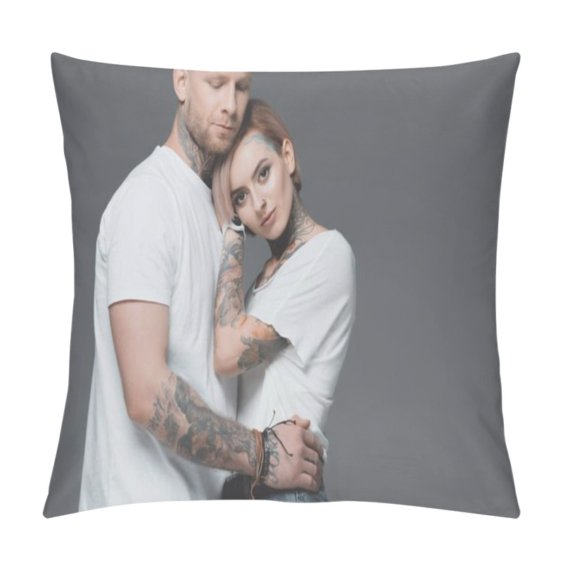 Personality  Stylish Young Tattooed Couple In White T-shirts Hugging Isolated On Grey  Pillow Covers