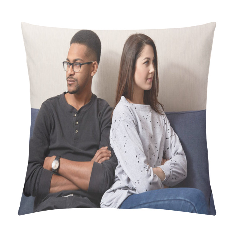 Personality  Photo Of Two Offended Young People In Love Feel Jealous, Turn From Each Other, Keep Hands Crossed, Have Crisis In Their Family, Pose At Sofa, Being Displeased. Interracial Relationship Concept Pillow Covers