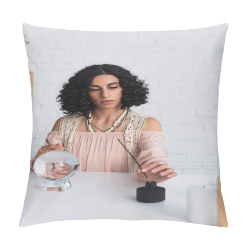 Personality  Brunette Fortune Teller Near Aroma Stick And Crystal Ball At Home Pillow Covers