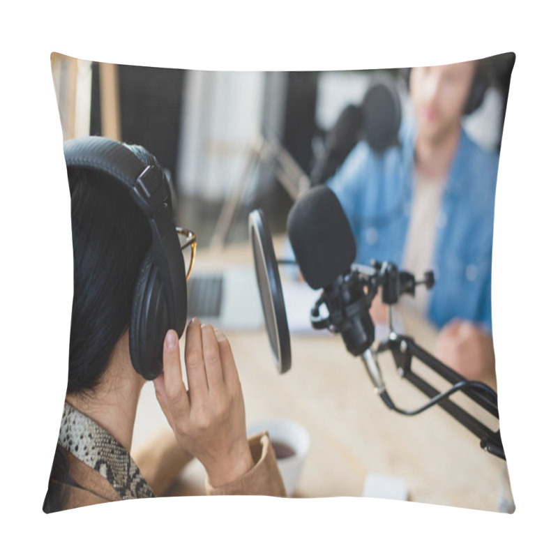 Personality  Radio Host In Glasses Adjusting Headphones Near Blurred Colleague  Pillow Covers