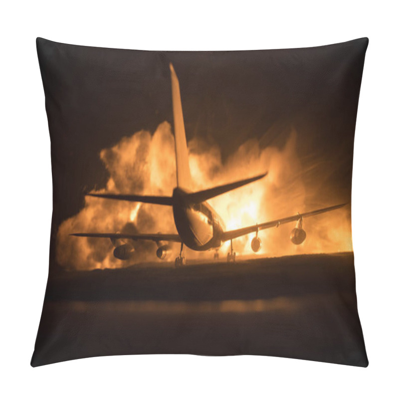 Personality  Air Crash. Burning Falling Plane. The Plane Crashed To The Ground. Decorated With Toy At Dark Fire Background. Air Accident Concept. Selective Focus Pillow Covers