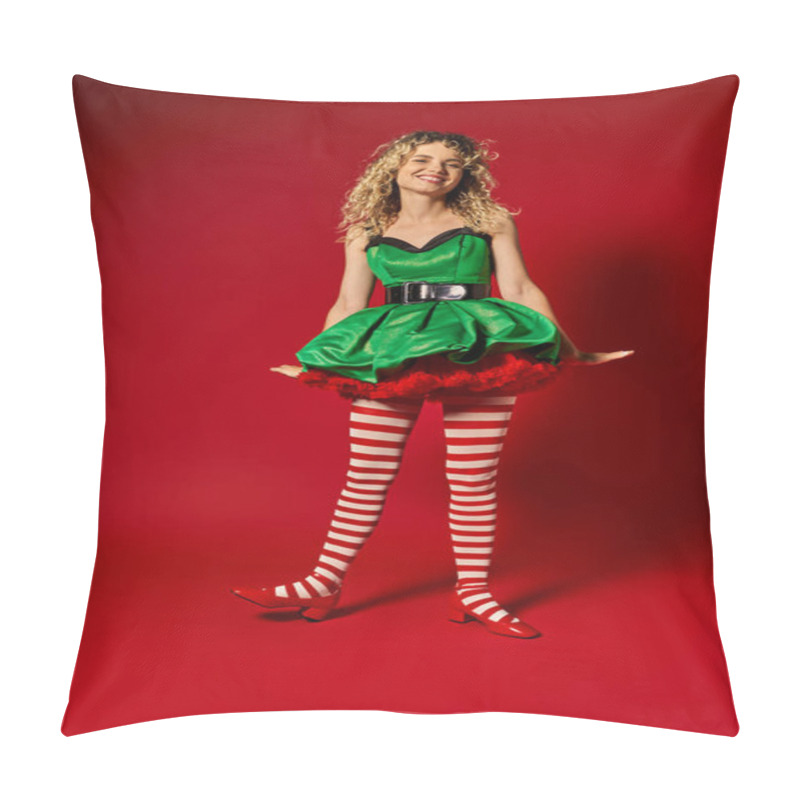 Personality  Cheerful Blonde New Year Elf Standing Still In Festive Green Dress And Stockings Smiling At Camera Pillow Covers