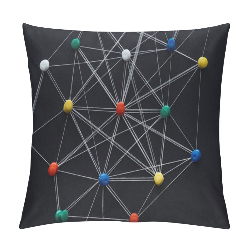 Personality  Top View Of Push Pins Connected With Strings Isolated On Black, Network Concept Pillow Covers