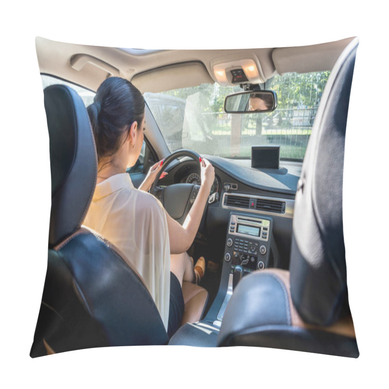 Personality  Beautiful Woman Inside Car Holding Steering Wheel Pillow Covers