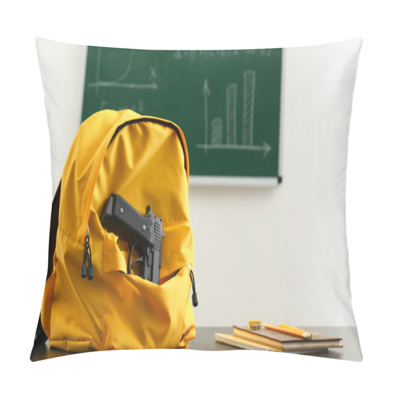 Personality  Backpack With Pistol On Table In Classroom. No Guns In School Pillow Covers