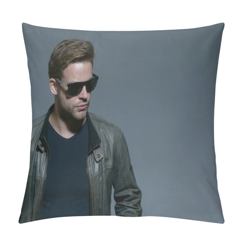 Personality  Fashion Eyewear You Want To Wear. Handsome Man Wear Eye Glasses. Fashion Model In Trendy Sun Glasses. Man Of Fashion. Fashion Eyewear. Casual And Elegant, Copy Space Pillow Covers