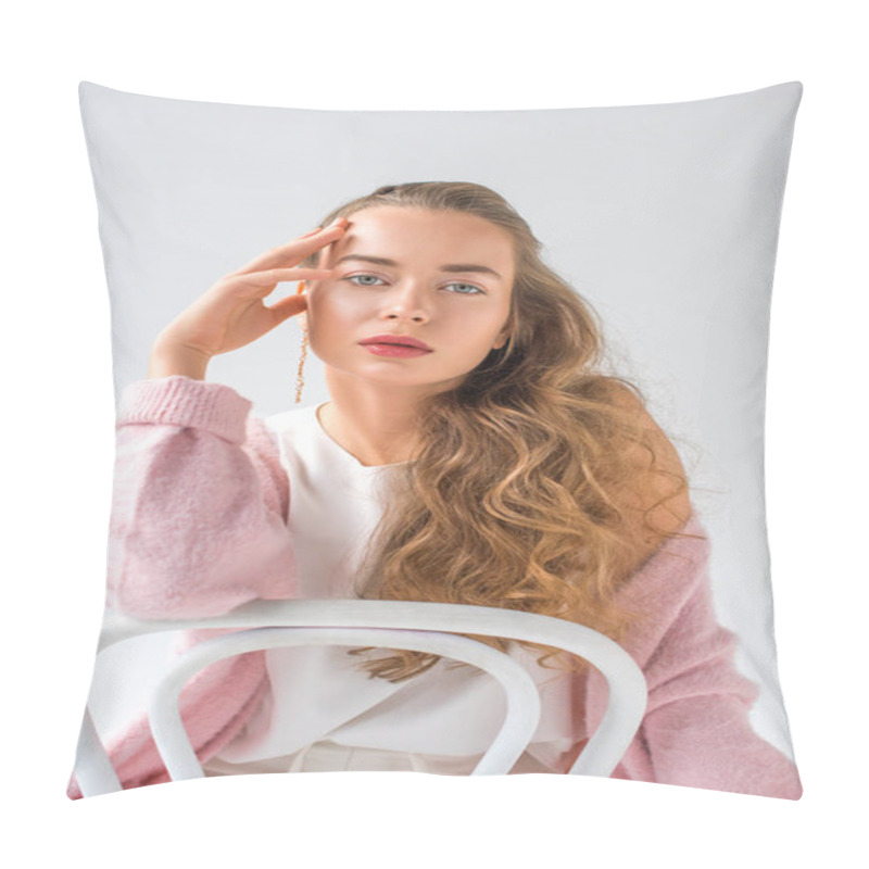 Personality  Attractive Girl With Earring Touching Head With Hand And Sitting On Chair Isolated On White Pillow Covers