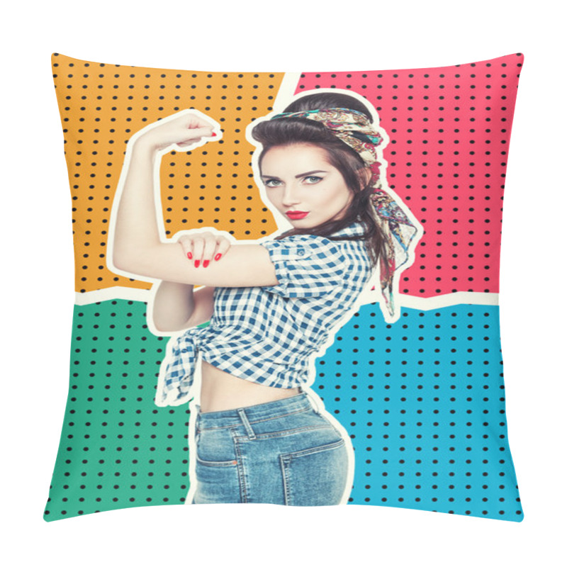 Personality  Woman In Retro Pin-up Style With Powerful Gesture We Can Do IT  Pillow Covers