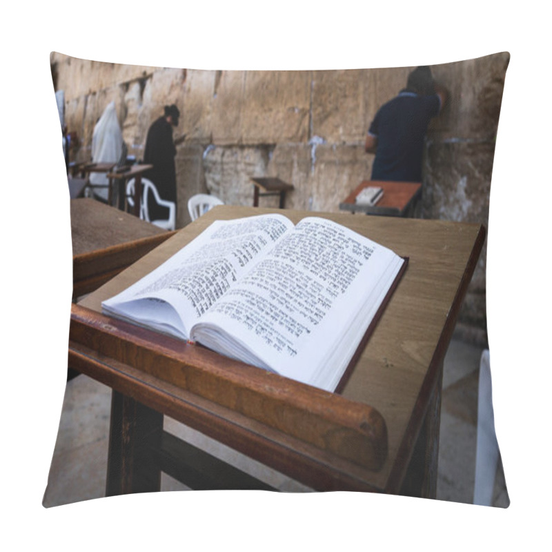 Personality  Jewish Bible - Torrah On Table On Blurred Background Of Praying Jews And Wailing Western Wall. Israel. Jerusalem. JERUSALEM, ISRAEL. 24 October 2018. Pillow Covers