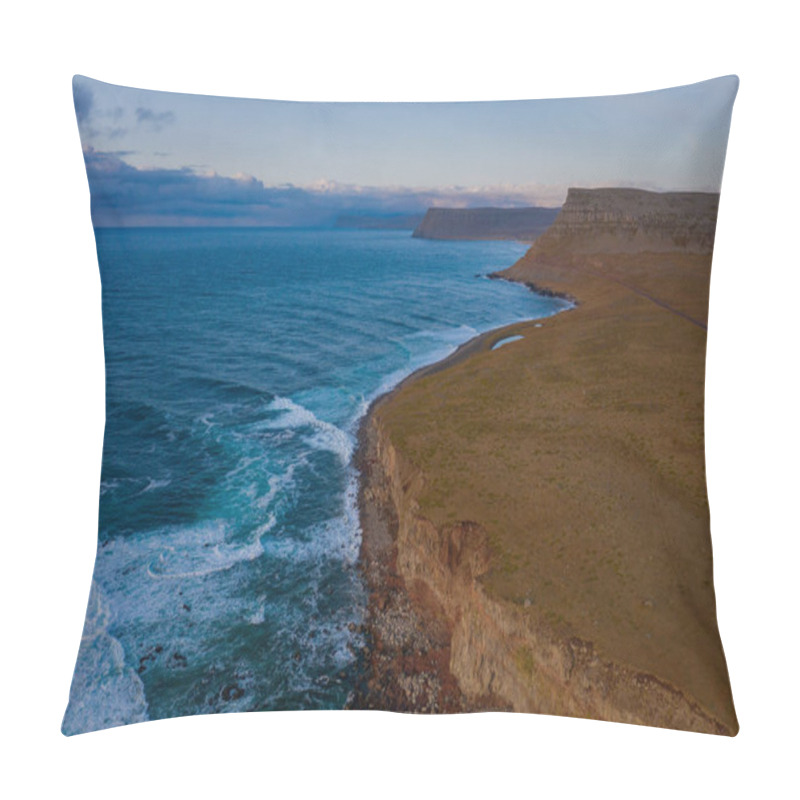 Personality  Stunning Latrabjarg Cliffs, Europe's Largest Bird Cliff And Home To Millions Of Birds. Western Fjords Of Iceland. Sunset In September 2019. Aerial Drone Shot Pillow Covers