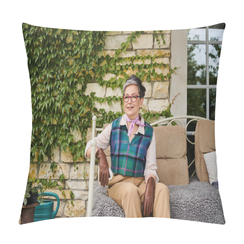 Personality  Attractive Joyous Mature Woman Sitting On Sofa Near Her House In England And Looking At Camera Pillow Covers