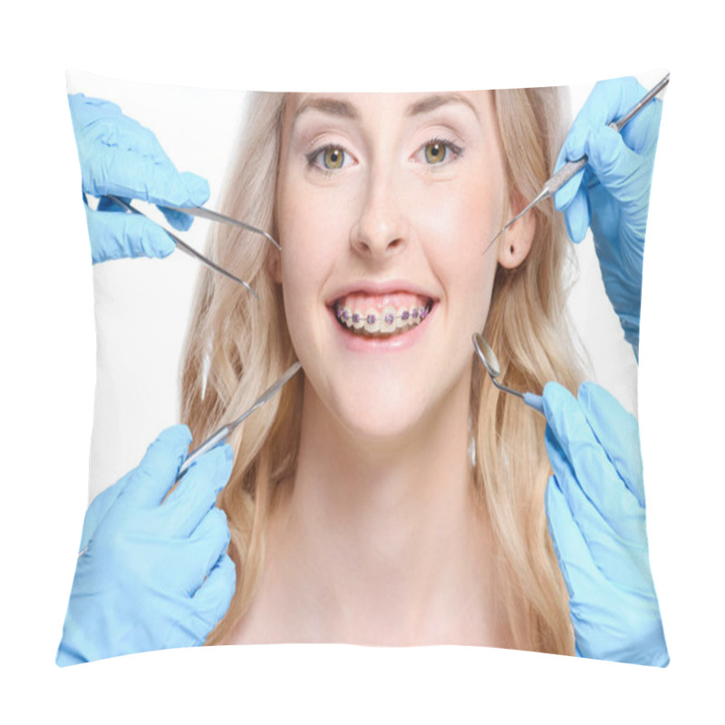 Personality  Hands Holding Dentist Tools Near Woman Pillow Covers