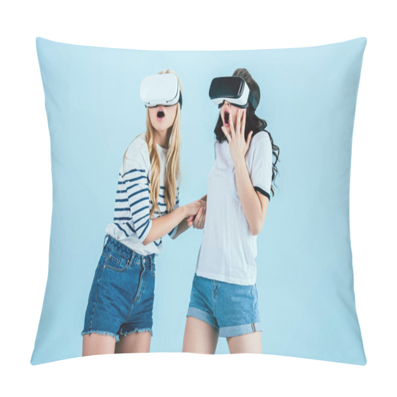 Personality  Shocked Girls Using Virtual Reality Headsets On Blue Background Pillow Covers