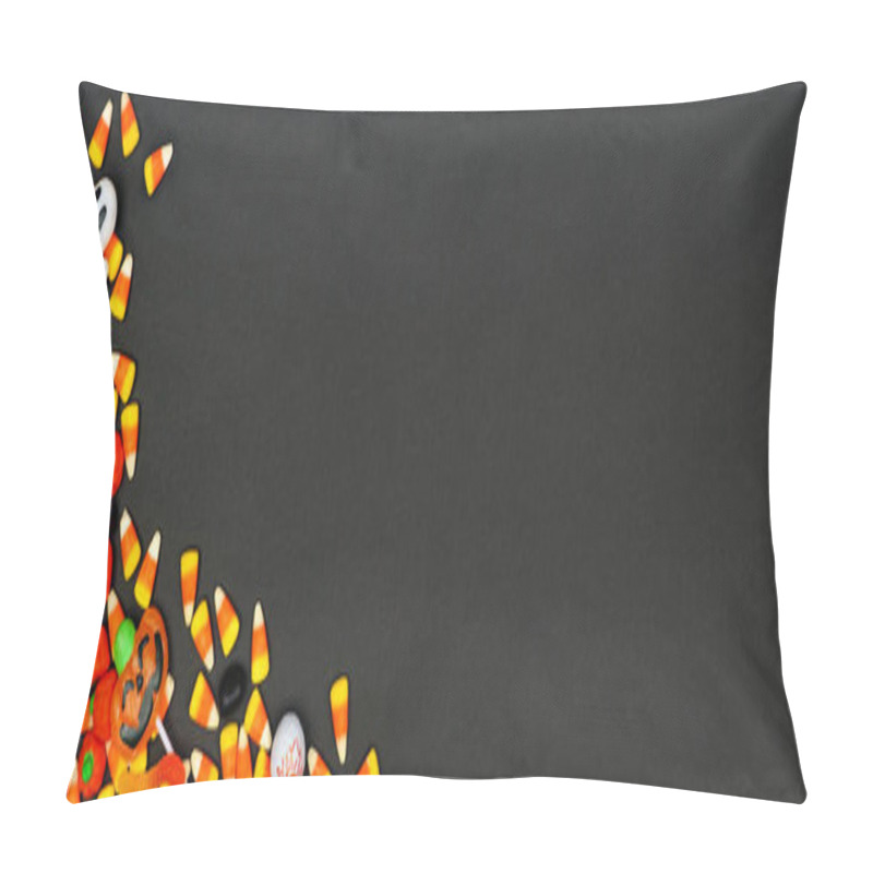 Personality  Halloween Candy Corner Border Banner. Top View On A Black Background With Copy Space. Pillow Covers