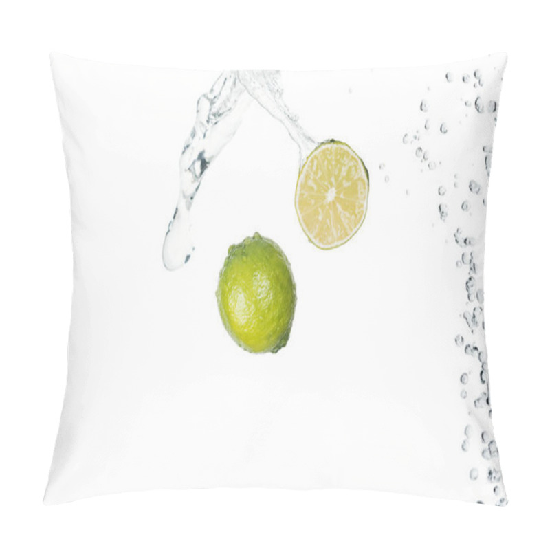 Personality  Green Fresh Limes With Clear Water Splash Isolated On White Pillow Covers