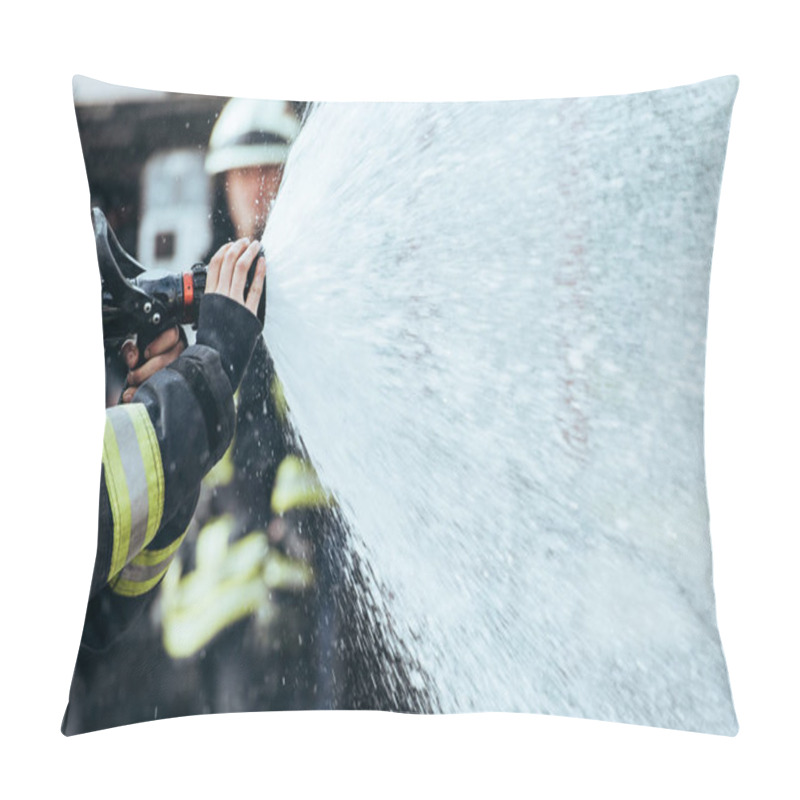 Personality  Partial View Of Firefighter With Water Hose Extinguishing Fire On Street Pillow Covers