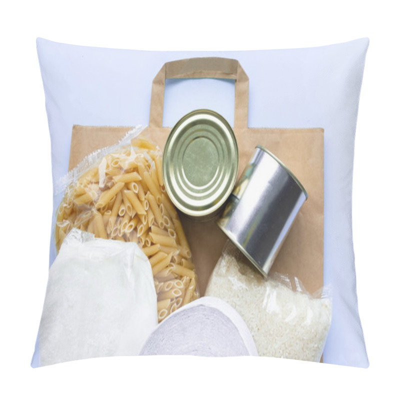 Personality  Paper Bag With Food Supplies Crisis Food Stock For Quarantine Isolation Period On Blue. Rice, Pasta, Oatmeal, Canned Food, Sugar, Toilet Paper. Food Delivery, Donation, Coronavirus Pillow Covers