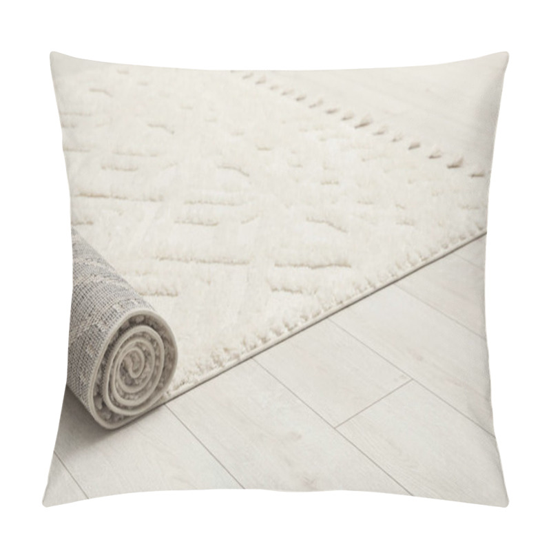 Personality  Rolled White Carpet With Beautiful Pattern On Floor, Closeup. Space For Text Pillow Covers