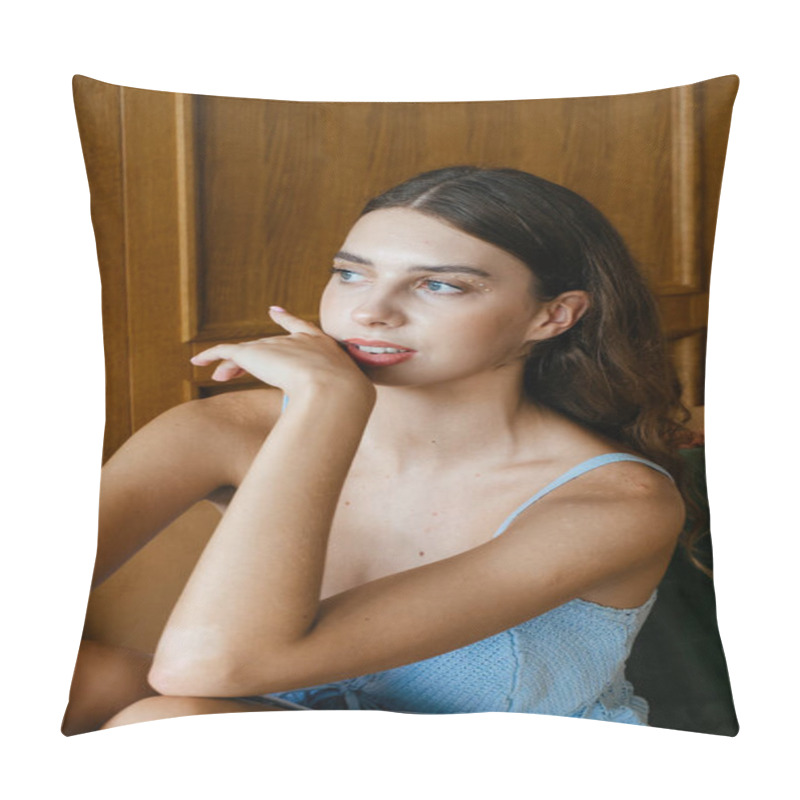 Personality  Beautiful Young Woman Wearing Blue Dress In Retro Room. High Quality Photo Pillow Covers