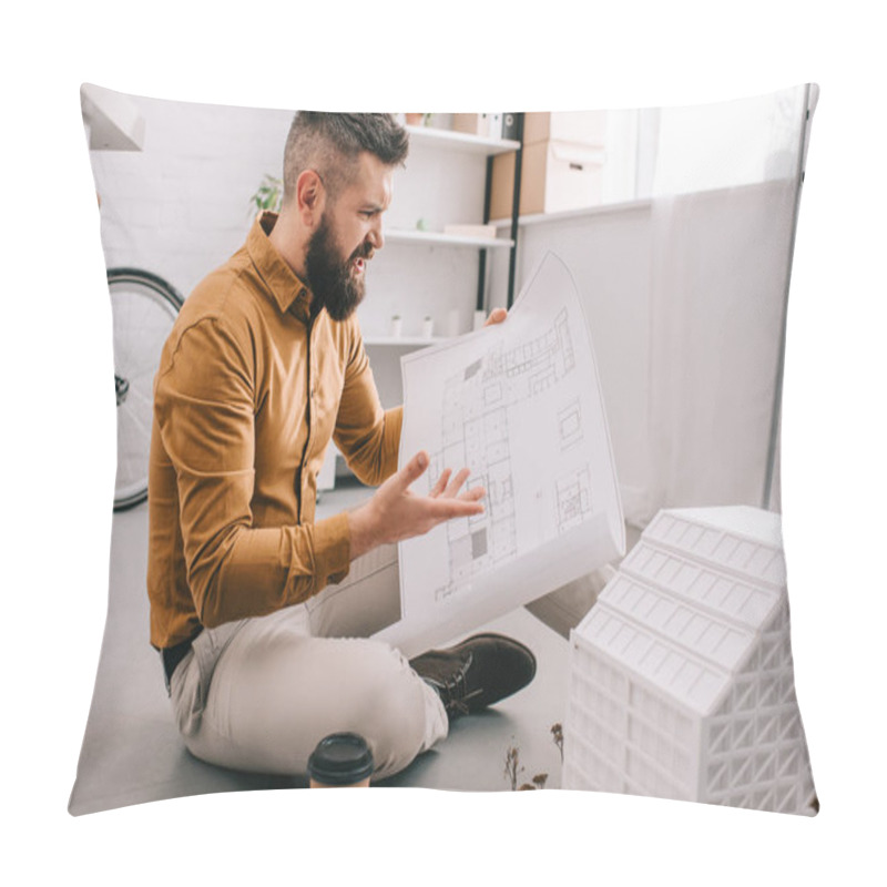 Personality  Angry Bearded Adult Male Architect Holding Blueprint And Working On Project In Office  Pillow Covers