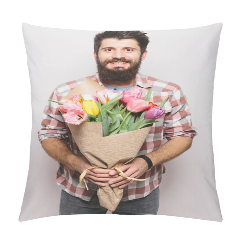 Personality  Handsome Young Man With Beard  And Nice Bouquet Of Flowers Against White Background Pillow Covers