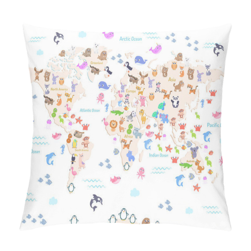 Personality  Vector Illustration Of World Map With Animals For Kids. Flat Design. Pillow Covers