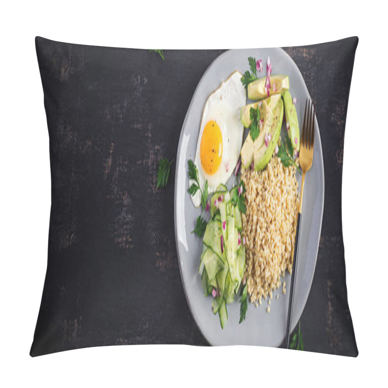 Personality  Diet Menu. Healthy Lifestyle. Bulgur Porridge, Fried Egg And Fresh Vegetables -  Cucumber And Avocado On Plate. Top View, Overhead, Banner Pillow Covers