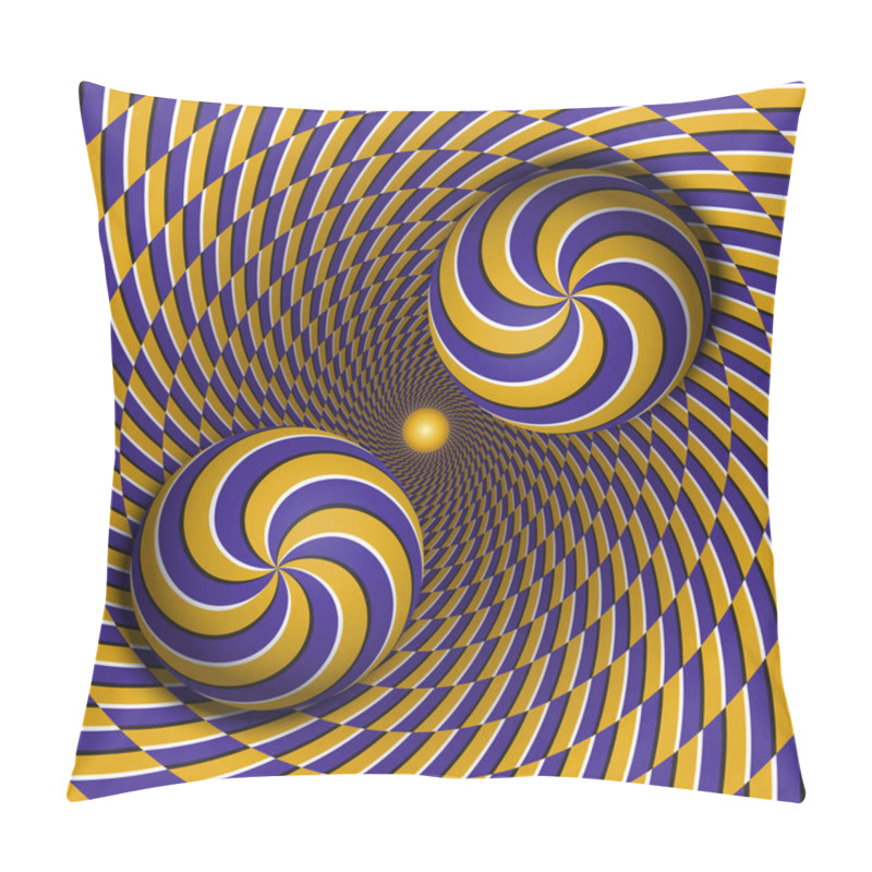 Personality  Optical Illusion Vector Illustration. Two Multiple Spiral Balls Are Moving In Rotating Hole. Blue Yellow Patterned Objects. Abstract Background In A Surreal Style. Pillow Covers