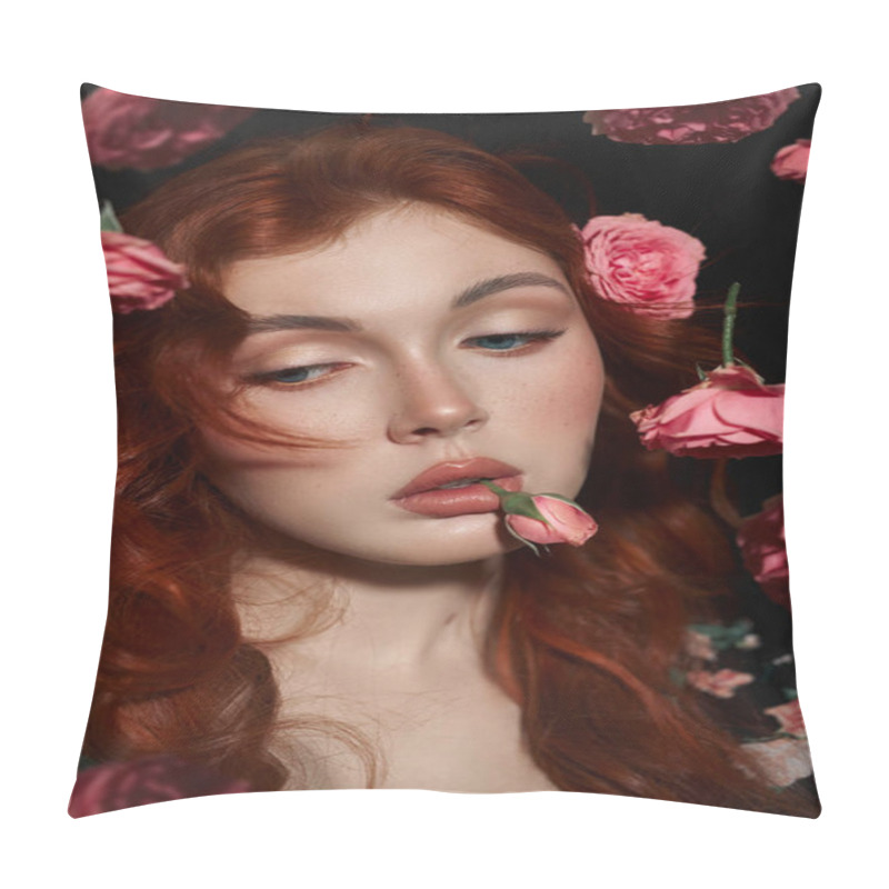 Personality  Red-haired Woman With Striking Blue Eyes Looks Away, Surrounded By Delicate Pink Roses Pillow Covers