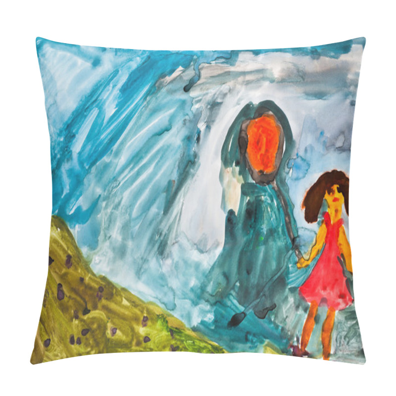 Personality  Children Drawing - Girl With Orange Balloon Pillow Covers