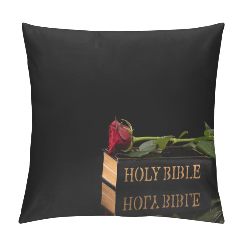 Personality  Red Rose On Holy Bible On Black Background, Funeral Concept Pillow Covers