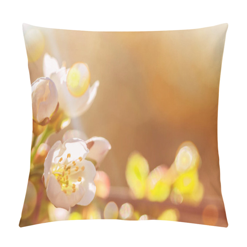 Personality  Blurred Floral Background. Beautiful Flowering Branches Of Sweet Cherry In Spring. Copy Space. Spring Background. Natural Background In Orange And Yellow Colors Pillow Covers