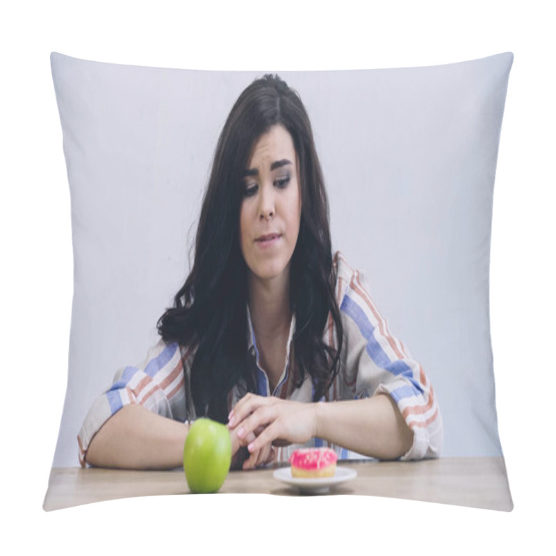 Personality  Young Woman Choosing Between Apple And Doughnut Isolated On Grey Pillow Covers