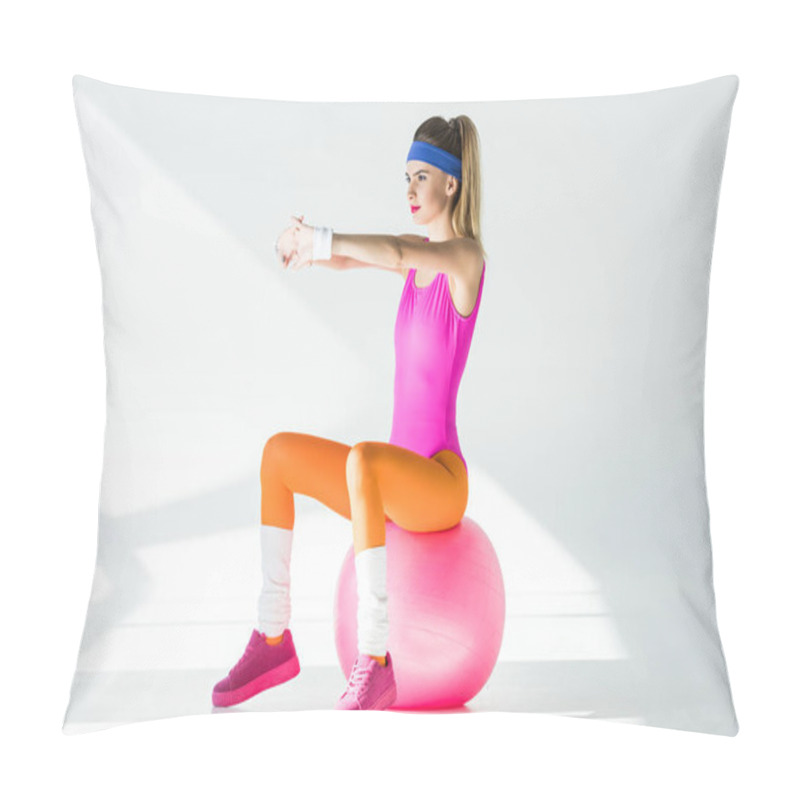 Personality  Athletic Young Woman Sitting And Training On Fit Ball On Grey Pillow Covers