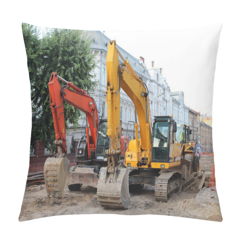 Personality  Two Modern Excavators Working On The Lvov's Street Pillow Covers