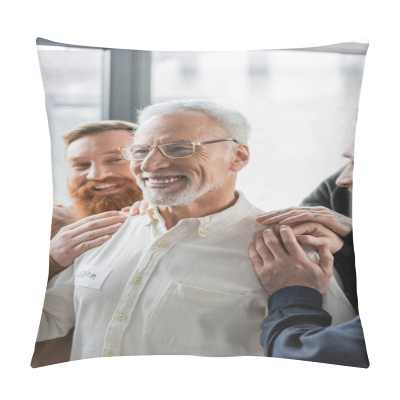 Personality  Positive People Hugging Middle Aged Man With Alcohol Addiction During Group Therapy In Rehab Center  Pillow Covers