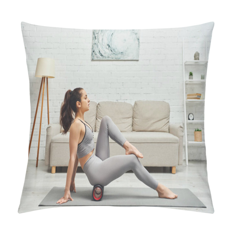 Personality  Side View Of Young Brunette And Barefoot Woman In Activewear Doing Lymphatic Drainage On Roller Massager And Fitness Mat At Home, Maintaining Healthy Lymphatic System Concept, Myofascial Release Pillow Covers