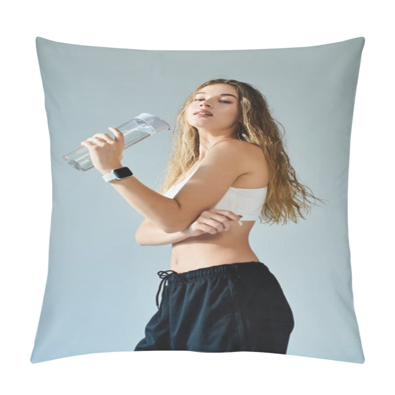 Personality  A Beautiful Sportswoman Expresses Joy And Determination While Holding A Water Bottle After Training. Pillow Covers