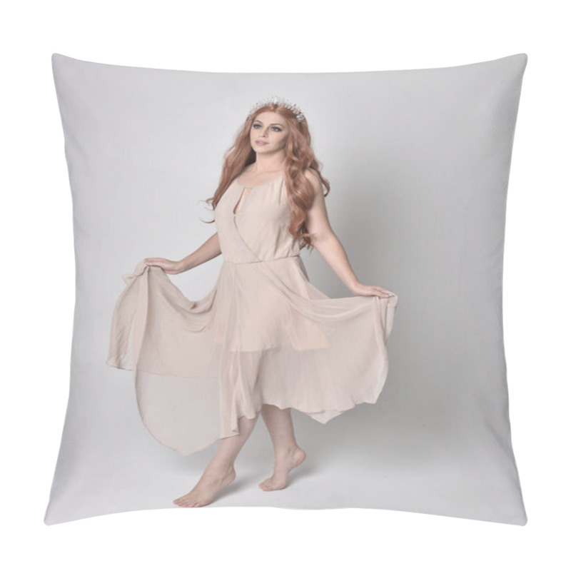 Personality  Full Length Portrait Of A Pretty, Fairy Girl Wearing A Nude Flowy Dress And Crystal Crown. Standing And Dancing Pose Against A Grey Studio Background. Pillow Covers