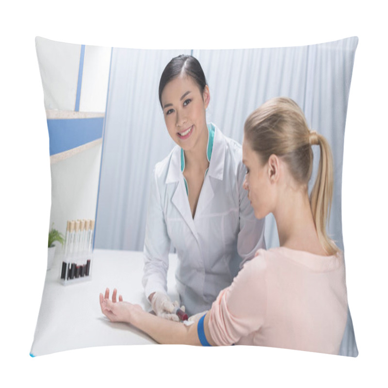 Personality  Nurse Taking Blood Sample From Patient Pillow Covers