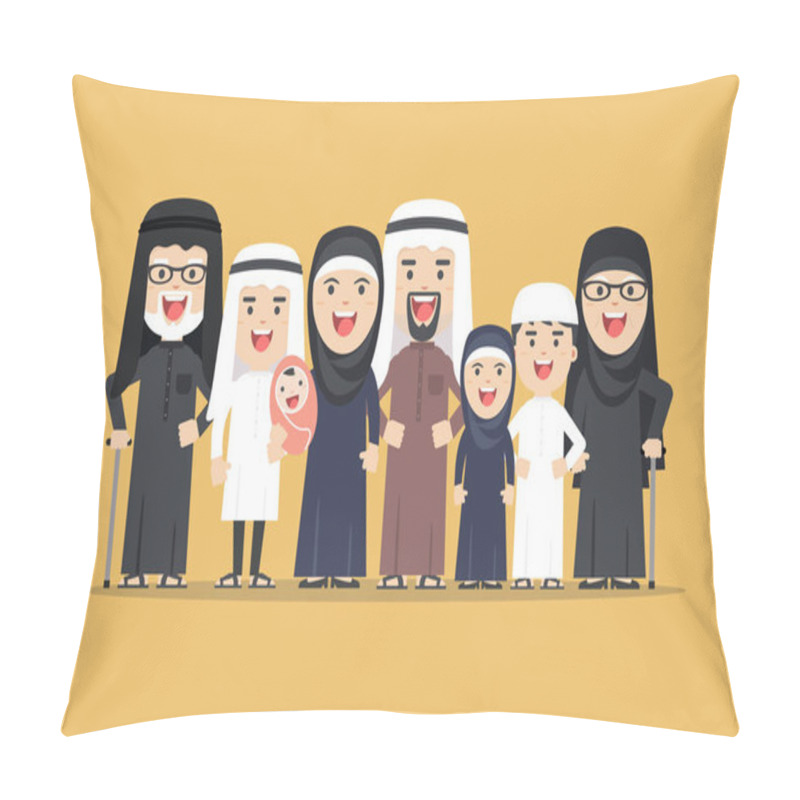 Personality  Vector Arab Family, Muslim People, Saudi Cartoon Man And Woman.  Pillow Covers