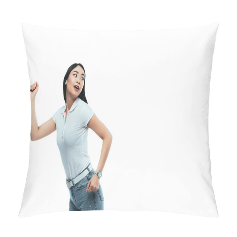 Personality  Happy Attractive Asian Girl Running Away Isolated On White Pillow Covers