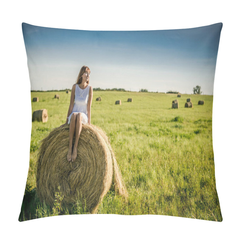 Personality  Beautiful Girl Is Resting After Work. Girl On The Field With Hay. Woman Near A Sheaf Of Hay In A Field. Rural Life. Holidays In The Village Pillow Covers