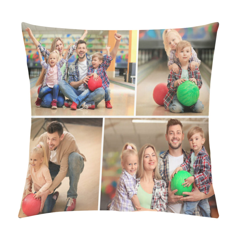 Personality  Collage Of Happy Family At Bowling Club Pillow Covers