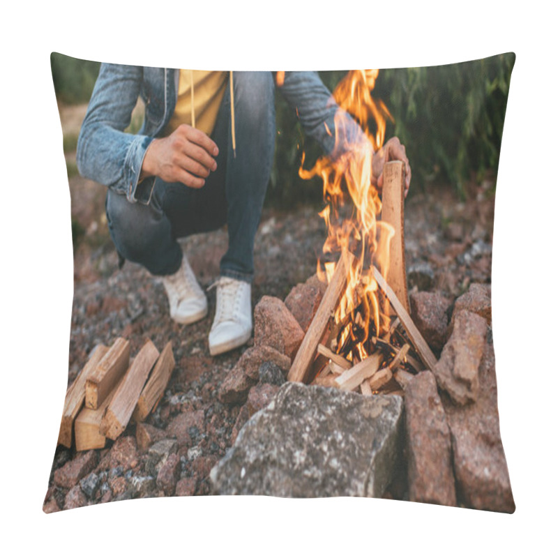 Personality  Cropped View Of Man Sitting And Putting Log In Burning Bonfire  Pillow Covers